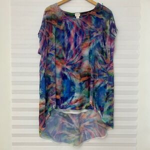 Chico's Abstract Mesh High Low Tunic Top Blue Purple Pink Green 3 XL Artsy